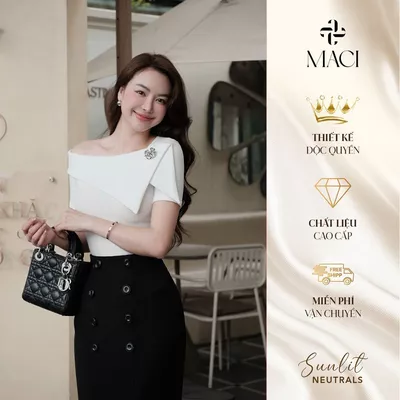 Áo Thun Zip Hàn Co Dãn Lệch Vai Khuy Trang Trí MACI MCAATTR0285 Thời Trang Nữ Thiết Kế Độc Quyền