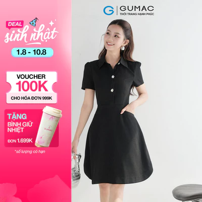 Đầm nữ GUMAC form A xòe kiểu đính nút kim loại trang trí đầm một lớp có túi sườn DF08038