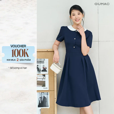 Đầm Chữ A Nữ GUMAC Váy Công Sở Xòe Bigsize Phối Cổ Bâu Sen Tiểu Thư Có Túi Vải Cotton LDE0821