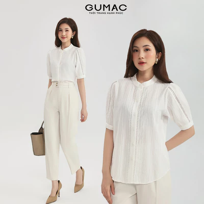 Áo kiểu form suông GUMAC tay lửng cổ trụ nẹp nút và tay áo phối viền ren AG01005