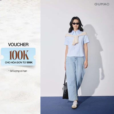 Quần Jeans Nữ GUMAC Form Cong Barrel Denim Ống Vừa Túi Hàm Ếch Nút Bạc Túi Sau Logo QJG08059