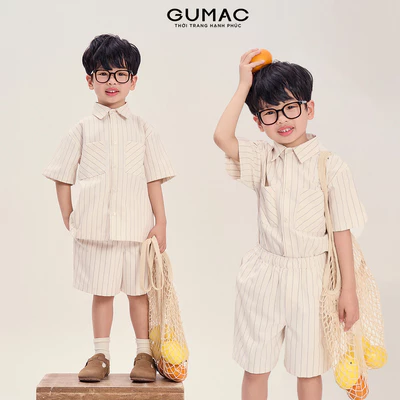 Set Bé Trai GUMAC - Áo Sơ Mi Linen Sọc AKG04052 Quần Short Thoáng Mát SHKG04051