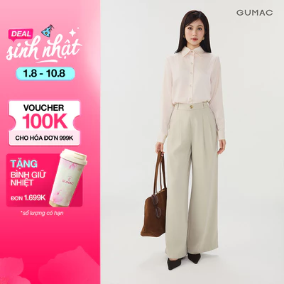 Quần Tây Nữ GUMAC Ống Rộng Xếp Ly Lưng Rời Túi Dọc Đính Nút Kiểu Thanh Lịch Phù Hợp Đi Làm Đi Chơi QG07022