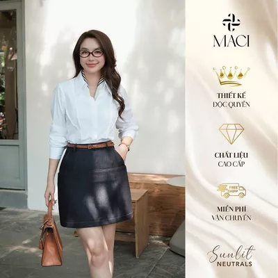 Chân Váy Chữ A Dáng Ngắn Denim Diễu Chỉ Có Lót Quần MACI MCVCVDE0327 Thời Trang Nữ Thiết Kế Độc Quyền