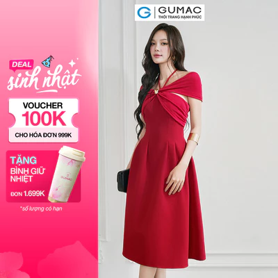 Đầm Nữ GUMAC Dáng A Xòe Chất Tuyết Mưa Đứng Form Cúp Ngực Đính Nút Kim Loại Sang Trọng DE07004
