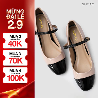 Giày Cao Gót Nữ GUMAC Giày Mary Jane 5 Phân Đế Vuông Phối Màu Mũi Tròn Quai Ngang Thanh Lịch GE01058