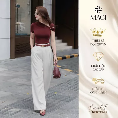 Quần Suông Chiết Li Chất Linen Hàn Kèm Dây Màu Trắng Kem MACI MCQQTTR0358 Thời Trang Nữ Thiết Kế