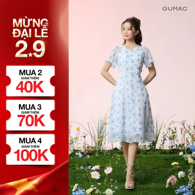 Đầm Nữ GUMAC Form A Xòe Cổ Tròn Tay Cánh Tiên Mềm Mại Nút Dọc Giữa Thân Tinh Tế Hiện Đại DG06035