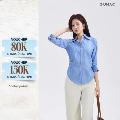 [NHẬP MÃ AFFTHAG GIẢM 99K] Áo Sơ Mi Nữ GUMAC Áo Kiểu Công Sở Kẻ Sọc Tay Lửng Chiết Ly Eo Vải Kate Cao Cấp AF01024