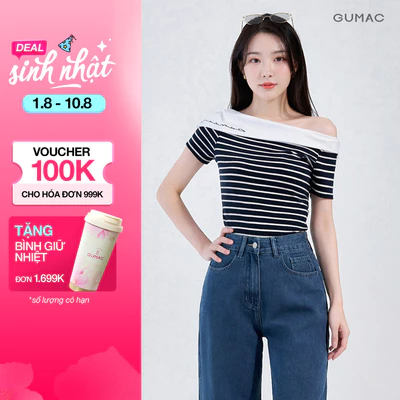Áo Thun Nữ GUMAC Form Regular Tay Ngắn Trễ Vai Thanh Lịch Hiện Đại LAF0815