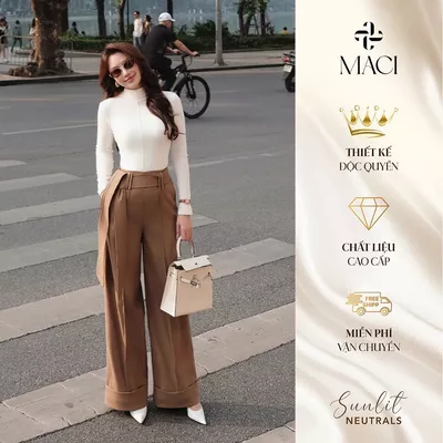 Quần Suông Dạ Lông Ép Hàn Kèm Đai Chần Chỉ Màu Nâu Tây MACI MCQQANA0202 Thời Trang Nữ Thiết Kế Độc Quyền