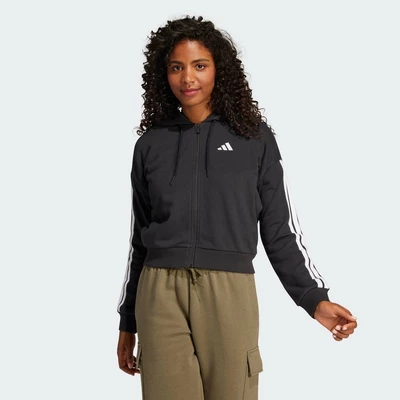 adidas Phong cách sống Áo Hoodie Khóa Kéo Vải Thun Da Cá 3 Sọc Essentials Nữ Đen JE0052