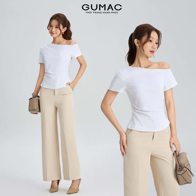 Áo Thun Kiểu Nữ Gmorning - GUMAC Trễ Vai Phối Ren Cùng Màu Nhún Hai Bên Sườn Tôn Dáng YATG06001