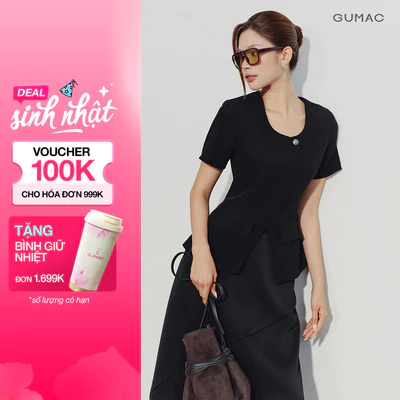 Áo Peplum Nữ GUMAC Cổ Tròn Tay Ngắn Chiết Eo Đính Nút Thanh Lịch Tinh Tế Công Sở AG07005
