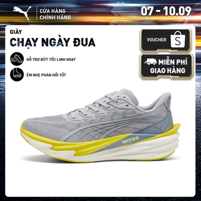 Giày Chạy Bộ PUMA Nam Deviate NITRO 4 Vibrant Silver-Lux Lime Màu Xám
