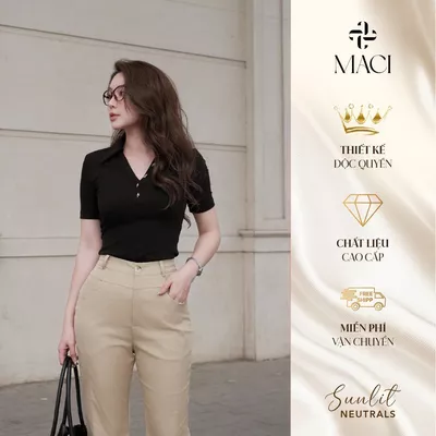 Áo Thun Tăm Polo Khuy Bạc Màu Đen / Trắng MACI MCAATTR0275 MCAATDE0277 Thời Trang Nữ Thiết Kế Độc Quyền