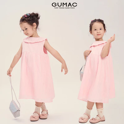 Đầm Bé Gái GUMAC Form A Suông Cổ Cánh Sen Bèo Nhún Vải Xô Thêu Mềm Xinh Xắn DKG04035