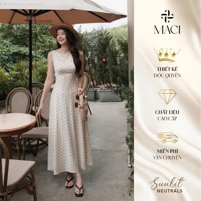 Đầm Lụa Chấm Bi Màu Kem Cổ Thuyền 2 Lớp MACI MCVVATR0307 Thời Trang Nữ Thiết Kế Độc Quyền