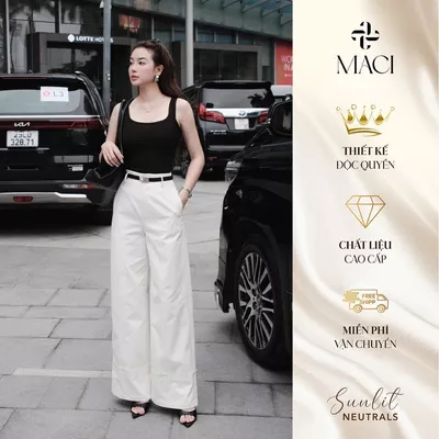 Quần Jeans Trắng Kem Gấu Giả Gập Cạp Cao MACI MCQQJTR0306 Thời Trang Nữ Thiết Kế Độc Quyền