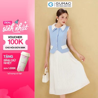 Chân váy nữ GUMAC basic xếp ly dáng dài 2 lớp vải lụa mềm mát màu trắng BVE00008