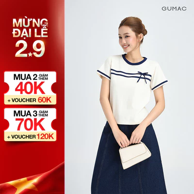 Áo Thun Nữ GUMAC Tay Ngắn Cổ Tròn Phối Bo Màu Đính Nơ Thanh Lịch LATF0423