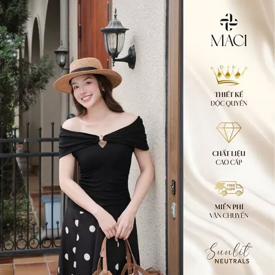 Áo Thun ZIP Trễ Vai Kèm Khuy Trang Trí Mặc Được 2 Kiểu MACI MCAATDE0321 Thời Trang Nữ
