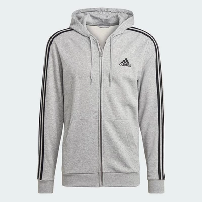 adidas Phong cách sống Áo Hoodie Khóa Kéo 3 Sọc Vải Thun Da Cá Essentials Nam Xám GK9034