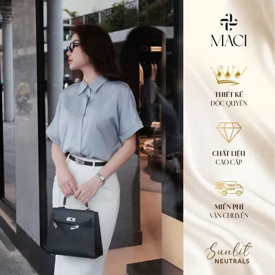 Áo Sơ Mi Lụa Xanh Pastel Ngắn Tay MACI MCASMXD0319 Thời Trang Nữ Thiết Kế Độc Quyền