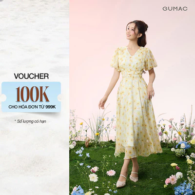 Đầm Maxi Hoa GUMAC Cổ V Đính Nút Tay Bí Xòe Chất Tơ Xược 2 Lớp Nữ Tính Thanh Lịch DG07088