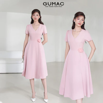[SALE] Đầm nữ GUMAC A xòe cổ tim đính hoa hồng tím nữ GUMAC tính thanh lịch  DE03017