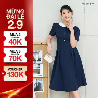 Đầm Chữ A Nữ GUMAC Váy Công Sở Xòe Phối Cổ Bâu Sen Tiểu Thư Có Túi Vải Cotton LDE0821