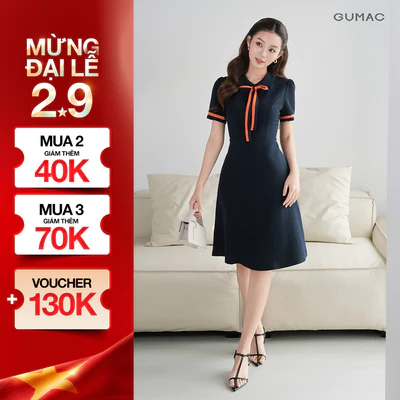 Đầm Chữ A Nữ GUMAC Váy Công Sở Phối Nơ Cổ Tôn Dáng Vải Tuyết Mưa Cao Cấp Đi Chơi Dạo Phố LDE0614