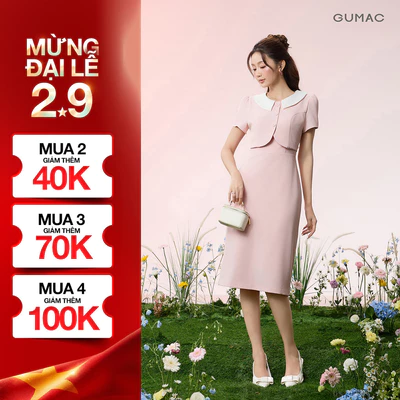 Đầm Nữ GUMAC Form Suông Phối Cổ Trắng Giả Khoác Tay Nhún Phối Nút Bọc Thiết Kế Sang Trọng Tôn Dáng Hiện Đại DG07002