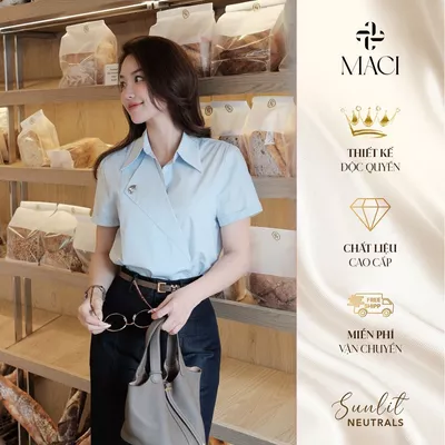 Áo Sơ Mi Tay Ngắn Cổ Gập Cách Điệu Màu Trắng Xanh Mint MACI MCASMXD0311 Thời Trang Nữ Thiết Kế