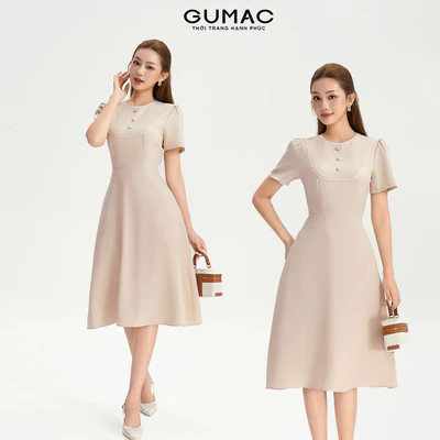 Đầm Dáng A Nữ GUMAC Váy Công Sở Tay Ngắn Phối Viền Ren Dáng Dài Qua Gối LDG0402