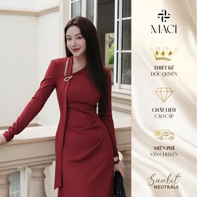 Đầm Dài Đỏ Đô Thiết Kế Cổ Vạt Cách Điệu Chất Thun Dạ Co Dãn Nhẹ MACI MCVVADO0206 Thời Trang Nữ Thiết Kế Độc Quyền