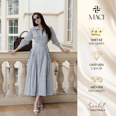Váy Sơ Mi Kẻ Xanh Chất Thô Hàn Kèm Đai Không Nhăn MACI MCVVAKE0205 Thời Trang Nữ Thiết Kế Độc Quyền