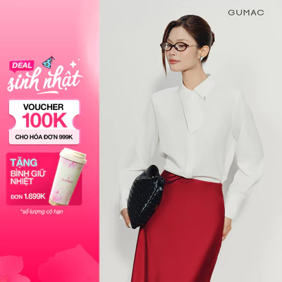 Áo Sơ Mi Nữ GUMAC Form Suông Rộng Cổ Kiểu Dài Lệch Nẹp Khuy Giấu Hiện Đại Đính Nút Đá Sang Trọng AE10058
