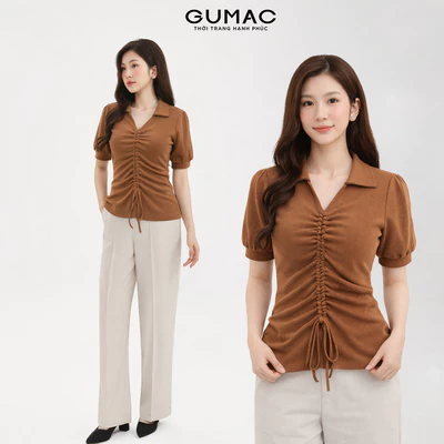[SALE] Áo thun nữ GUMAC slim ôm cổ V rút nhún giữa thun co giãn mềm mịn thoải mái  LATE0810