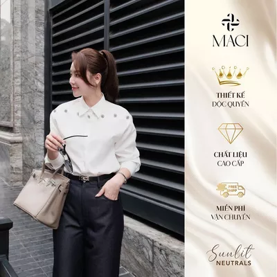 Áo Sơ Mi Trắng Cổ Đức Khuy Bạc Cách Điệu MACI MCASMTR0265 Thời Trang Nữ Thiết Kế Độc Quyền