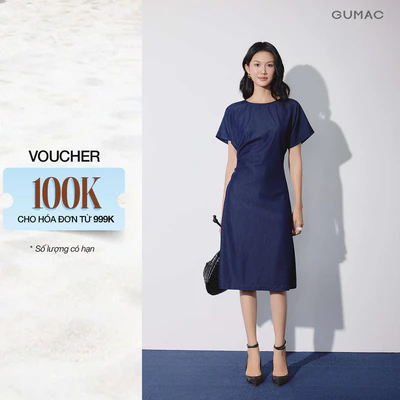 Đầm Suông Nữ GUMAC Tay Liền Xoắn Eo Tôn Dáng Cổ Sau Giọt Nước Chất Lụa Denim Mềm Thanh Lịch DG08062