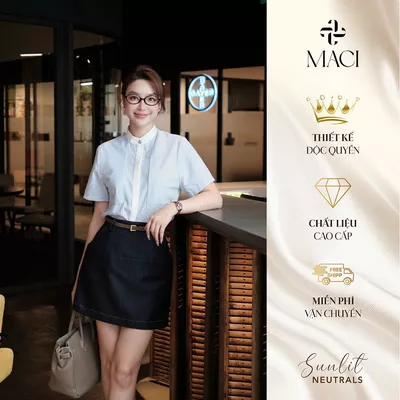 Áo Sơ Mi Kẻ Xanh Phối Trắng Cổ Tròn MACI MCASMXD0317 Thời Trang Nữ Thiết Kế Độc Quyền