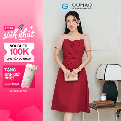Đầm Nữ GUMAC Form A Xếp Ly Tay Phồng Phối Tơ Nữ Tính Hiện Đại LDE0701