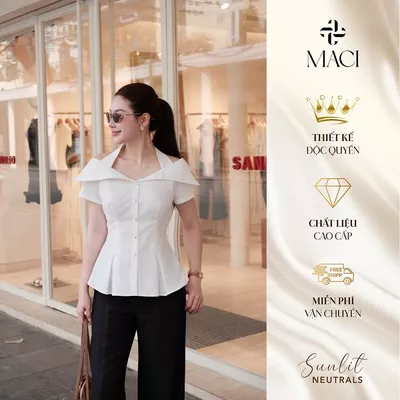 Áo Sơ Mi Trắng Chiết Li Eo Cổ Cách Điệu Chất Thô Hàn MACI MCASMTR0299 Thời Trang Nữ Thiết Kế Độc Quyền