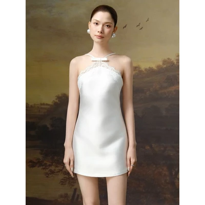 RUBIES Hyatt Dress - Đầm Ngắn Nữ Vải Tafta Dáng Chữ A 2 Dây Cổ Phối Ren Đính Nơ