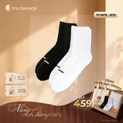Vớ cổ cao nam nữ trắng đen, Cotton tự nhiên thoáng khí, kháng khuẩn ngăn mùi - POLOMANOR