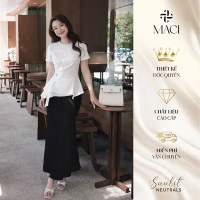 Áo Peplum Tà Rũ Cách Điệu Chất Kếp Dệt Màu Kem MACI MCAATTR0331 Thời Trang Nữ Thiết Kế Độc Quyền