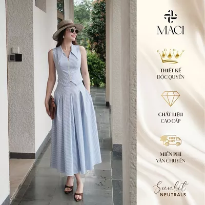 Chân Váy Xoè Bấu Li Kẻ Xanh Chất Thô Hàn MACI MCVCVXD0320 Thời Trang Nữ Thiết Kế Độc Quyền
