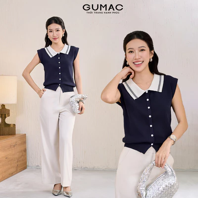 Áo nữ GUMAC dệt kim kiểu phối cổ khác màu form suông thoải mái  AF11033