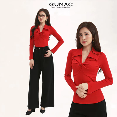 Áo polo GUMAC kiểu form slim tay dài xoắn ngực áo có đánh eo lai ngang APF12053